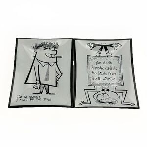Vintage Mid Century Glass Trinket Dishes Pair Black White Cartoon Ashtray Catcha